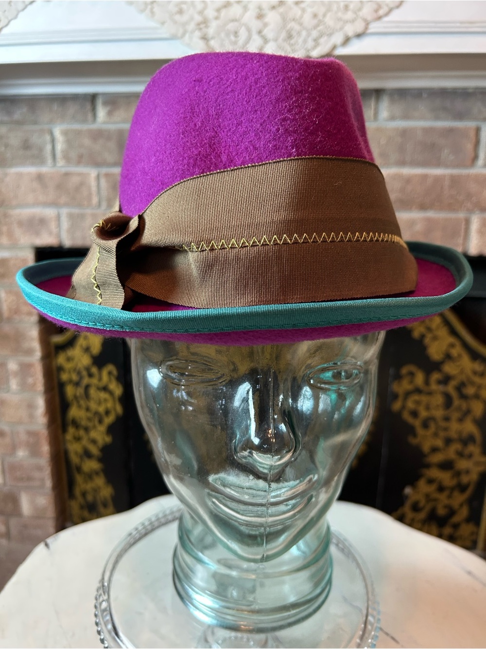 Vintage GRACE HATS Asymmetry Hat Morry Wool Purple Fedora Teal Trim Brown Band